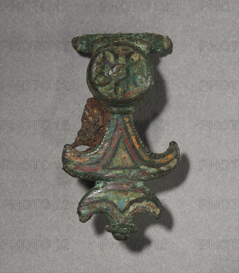 Ornamental Brooch, c. 100-300. Gallo-Roman or Romano-British, Migration period, 2nd-3rd century. Bronze and champlevé enamel; overall: 5.7 x 3.2 x 2.2 cm (2 1/4 x 1 1/4 x 7/8 in.).