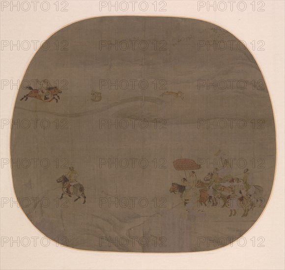 The Autumn Hunt, c. 1201-4. Attributed to Chen Juzhong (Chinese). Album leaf, ink and color on silk; image: 24.4 x 27.3 cm (9 5/8 x 10 3/4 in.); with mat: 33.3 x 40.5 cm (13 1/8 x 15 15/16 in.).