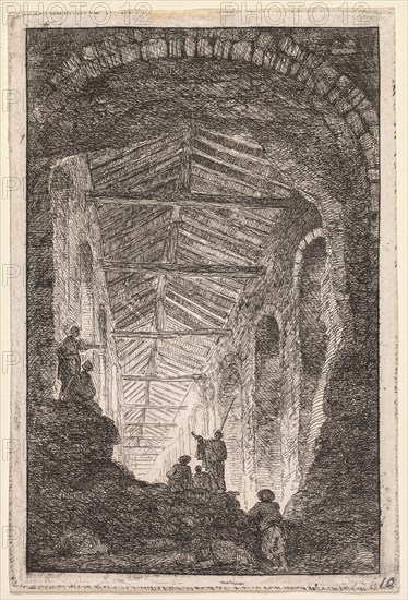 Evenings in Rome:  The Antique Gallery, 1763-1764. Hubert Robert (French, 1733-1808). Etching; platemark: 13.8 x 9.3 cm (5 7/16 x 3 11/16 in.); border: 13.1 x 8.4 cm (5 3/16 x 3 5/16 in.)