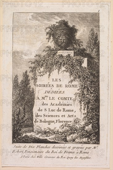Les Soirées de Rome:  Title Page, 1763-1764. Hubert Robert (French, 1733-1808). Etching
