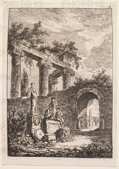 Evenings in Rome:  The Statue in Front of Ruins, 1763-1764. Hubert Robert (French, 1733-1808). Etching; platemark: 13.5 x 9.4 cm (5 5/16 x 3 11/16 in.); border: 12.7 x 9 cm (5 x 3 9/16 in.)
