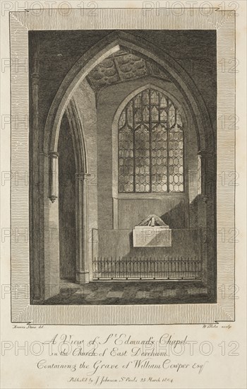 View of St. Edmund's Chapel in the Church of East Dereham, containing the Grave of William Cowper Esquire, 1804. William Blake (British, 1757-1827). Engraving
