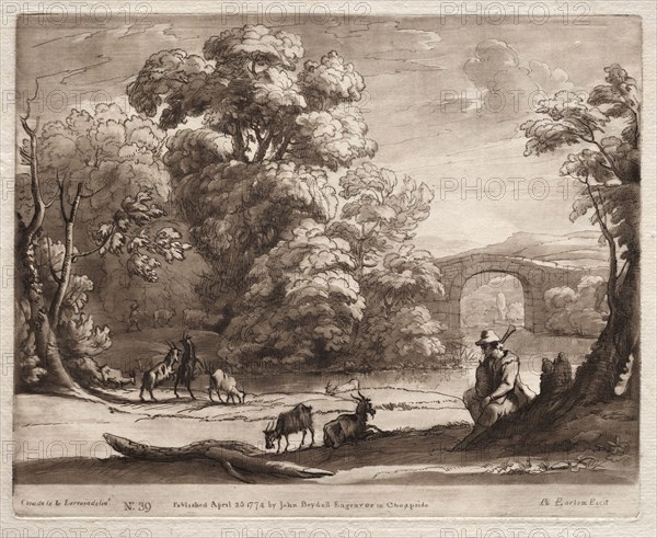 Liber Veritatis:  No. 39, A Landscape with Herdsman Playing a Bagpipe and Goats Browsing, 1774. Richard Earlom (British, 1743-1822). Etching and mezzotint