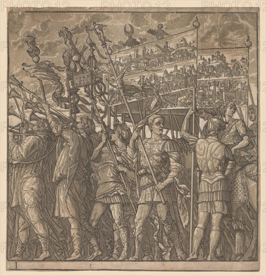 The Triumph of Julius Caesar:  Soldiers Carrying the Pictures of War, 1593-99. Andrea Andreani (Italian, about 1558–1610), after Andrea Mantegna (Italian, 1431-1506). Chiaroscuro woodcut