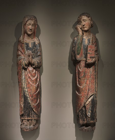 Mourning Saint John and Mourning Virgin (pair), c. 1250-1275. Spain, Kingdom of Castile and Leon, 13th century. Polychromed oak; overall: 154.9 x 36.9 x 20.4 cm (61 x 14 1/2 x 8 1/16 in.).