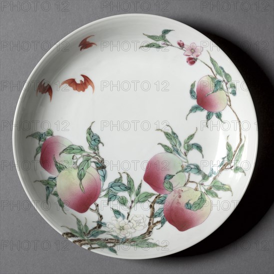 Dish with Bats and Peaches, 1723-35. China, Jiangxi province, Jingdezhen kilns, Qing dynasty (1644-1911), Yongzheng mark and reign (1722-35). Porcelain with famille rose overglaze enamel decoration; diameter: 20.6 cm (8 1/8 in.).