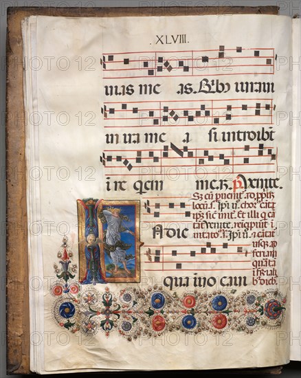 Antiphonary: Initial, angel, c. 1470-1480. Follower of Girolamo da Cremona (Italian). Ink, tempera, and gold on parchment; codex: 55.9 x 43.2 x 10.2 cm (22 x 17 x 4 in.)