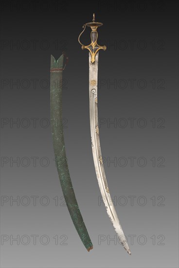 Silapa Sword with Green Leather Case., 1700s-1800s. India, 18th-19th Century. Gold with inlay and leather; overall: 92.7 cm (36 1/2 in.).