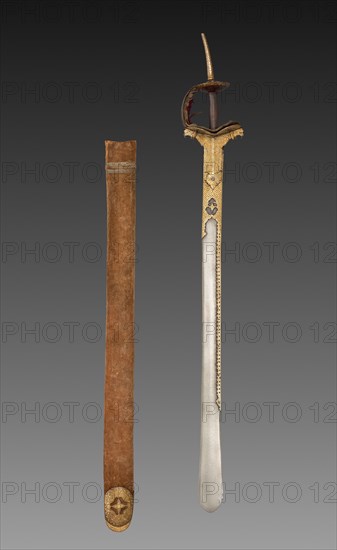 Sword with scabbard, 1700s-1800s. India, perhaps Deccan, 18th-19th century AD. Watered steel blade with iron hilt inlaid with gold; velvet lining with leather straps; wooden scabbard with velvet case and metallic threads; overall: 99 cm (39 in.).