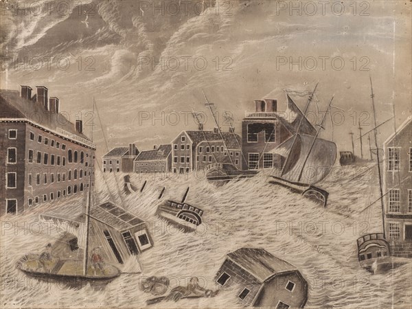 Market Square, Providence, Rhode Island, During the Great September Gale, 1815, 1815. America, 19th century. Black crayon and pastel, with graphite and stylus; scraped and incised in places; sheet: 39.4 x 52.7 cm (15 1/2 x 20 3/4 in.).