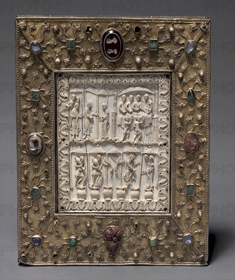 Book-Shaped Reliquary, c. 1000. Circle of Master of the Registrum Gregorii (German). Ivory, silver: gilded, pearls, rubies, emeralds, crystals, onyx, cornelian, oak; overall: 31.6 x 24.4 x 7.5 cm (12 7/16 x 9 5/8 x 2 15/16 in.); part 1: 17.8 x 14 cm (7 x 5 1/2 in.).