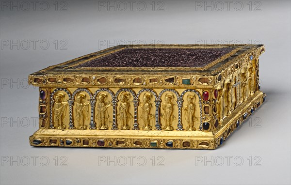 Portable Altar of Countess Gertrude (lid), c. 1045. Germany, Lower Saxony?, Romanesque period, 11th century. Gold, cloisonné enamel, porphyry, gems, pearls, niello, wood core; overall: 10.5 x 27.5 x 21 cm (4 1/8 x 10 13/16 x 8 1/4 in.).