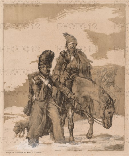 Return from Russia, c. 1818. Théodore Géricault (French, 1791-1824). Lithograph printed in black and ochre with watercolor added by hand; border: 44.4 x 36.4 cm (17 1/2 x 14 5/16 in.)