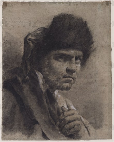 Man with a Fur Cap, c. 1730/40s. Giovanni Battista Piazzetta (Italian, 1682-1754). Black chalk, stumped (and wetted?), with black chalk wash, heightened with white chalk; sheet: 41.8 x 33.4 cm (16 7/16 x 13 1/8 in.).