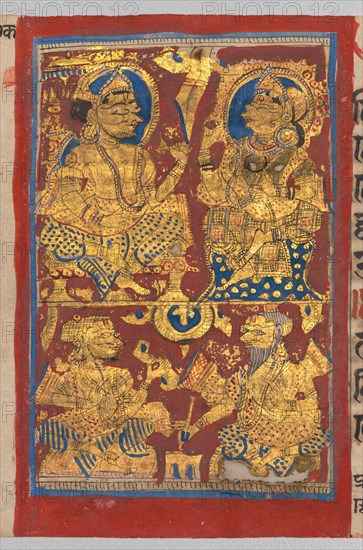 King Siddhartha and Queen Trishala with the Dream Diviners, from a Kalpa-sutra, c. 1475-1500. Western India, Gujarat. Opaque watercolor, ink, and gold on paper; overall: 12.5 x 25.7 cm (4 15/16 x 10 1/8 in.).