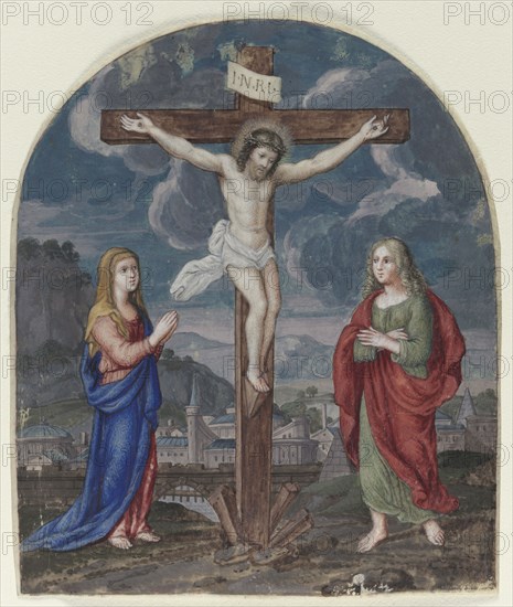 The Crucifixion: Miniature Excised from a Prayer Book, c. 1540-1550. Flanders, Antwerp{?}, 16th century. Tempera on vellum; sheet: 10 x 8.4 cm (3 15/16 x 3 5/16 in.)