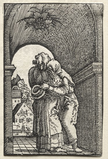 The Fall and Redemption of Man:  The Embrace of Joachim and Anne at the Golden Gate, 1515. Albrecht Altdorfer (German, c. 1480-1538). Woodcut