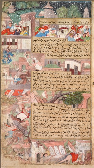 Page of disasters, from the Tarikh-i Alfi (History of the Thousand [Years]), c. 1595. India, Mughal, 16th century, made for Akbar (reigned 1556–1605). Opaque watercolor, gold and ink on paper; overall: 41 x 22.6 cm (16 1/8 x 8 7/8 in.).