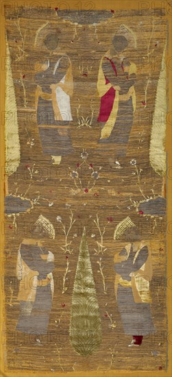 Velvet panel with four youths smelling flowers, 1625-1650. Iran, Isfahan or Yazd, Safavid period. Velvet, brocaded and pile-warp substitution: silk, gilt- and silver-metal thread; overall: 157.5 x 73.7 cm (62 x 29 in.)
