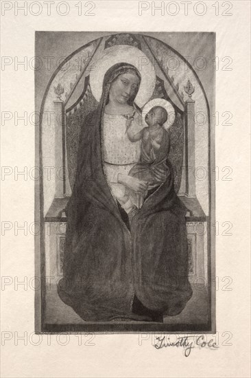 Old Italian Masters:  Madonna Enthroned with Child Holding Bird, 1885. Timothy Cole (American, 1852-1931). Wood engraving
