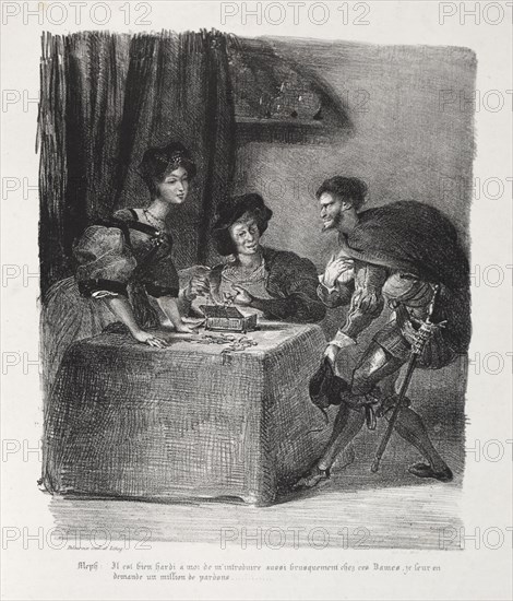 Faust: Tragédie de M. de Goethe, translated into French by Albert Stapfer.: Illustrations for Faust: Méphistophelés is at Marthe, 1828. Eugène Delacroix (French, 1798-1863), Chez Ch. Motte, Éditeur, distributed by Chez Sautelet, Libraire. Lithograph