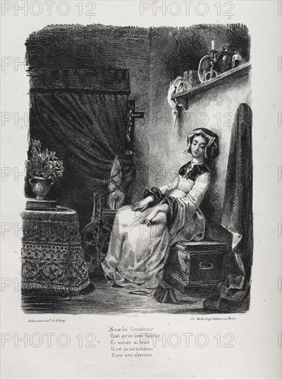 Faust: Tragédie de M. de Goethe, translated into French by Albert Stapfer.: Illustrations for Faust:  Marguerite with the wheel, 1828. Eugène Delacroix (French, 1798-1863), Chez Ch. Motte, Éditeur, distributed by Chez Sautelet, Libraire. Lithograph