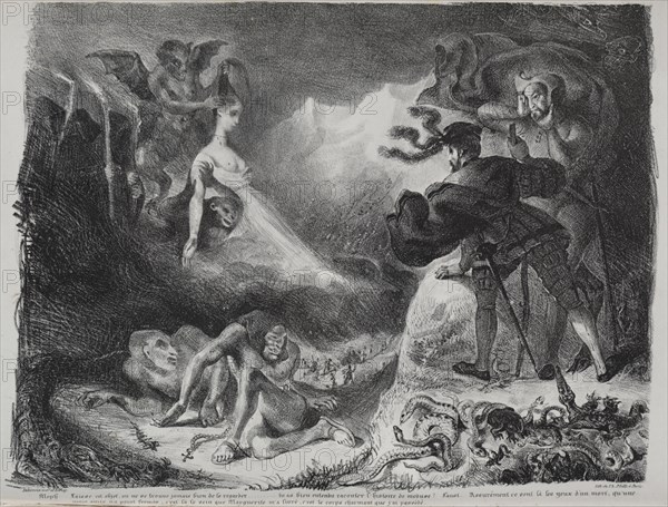 Faust: Tragédie de M. de Goethe, translated into French by Albert Stapfer.: Illustrations for Faust: Marguerite's shadow appears to Faust, 1828. Eugène Delacroix (French, 1798-1863), Chez Ch. Motte, Éditeur, distributed by Chez Sautelet, Libraire. Lithograph