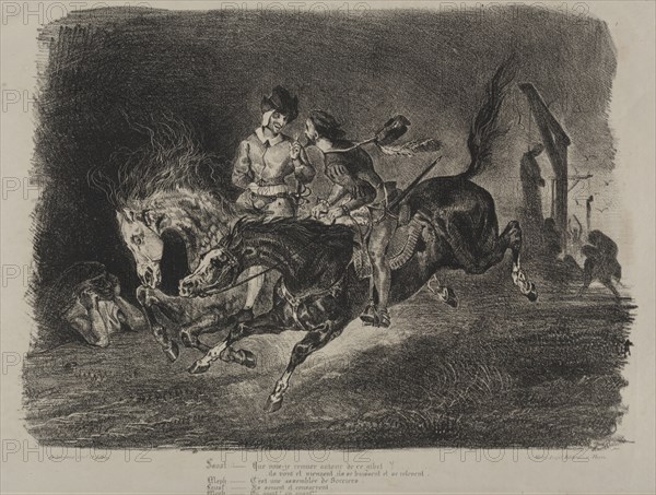 Faust: Tragédie de M. de Goethe, translated into French by Albert Stapfer.: Illustrations for Faust: Faust and Méphistophélés horse riding on the Sabbath, 1828. Eugène Delacroix (French, 1798-1863), Chez Ch. Motte, Éditeur, distributed by Chez Sautelet, Libraire. Lithograph