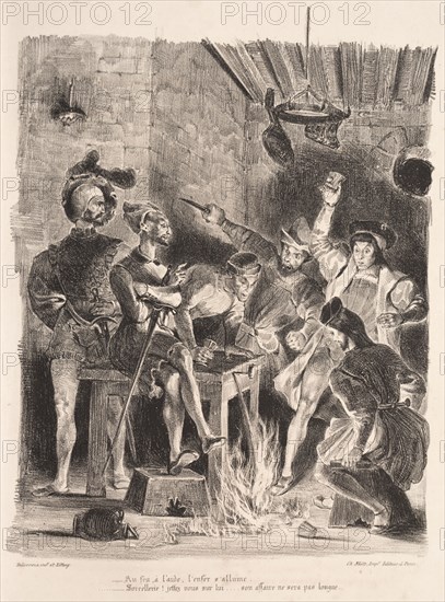 Faust: Tragédie de M. de Goethe, translated into French by Albert Stapfer.: Illustrations for Faust:  Méphistophélés in the tavern of the students, 1828. Eugène Delacroix (French, 1798-1863), Chez Ch. Motte, Éditeur, distributed by Chez Sautelet, Libraire. Lithograph