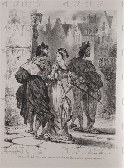 Faust: Tragédie de M. de Goethe, translated into French by Albert Stapfer.: Illustrations for Faust:  Faust seeks to allure Marguerite, 1828. Eugène Delacroix (French, 1798-1863), Chez Ch. Motte, Éditeur, distributed by Chez Sautelet, Libraire. Lithograph