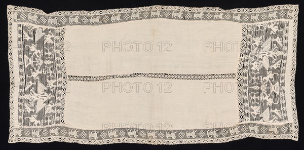Cloth with Border of Crowned Double-Headed Eagles with Various Emblems, Birds, and Other Animals, 19th century. Italy, 19th century. Needle lace, burato (twined ground and darned in two directions), bobbin lace insert and edging, and crochet insert; bleached linen (est.); overall: 62.4 x 132.3 cm (24 9/16 x 52 1/16 in.)