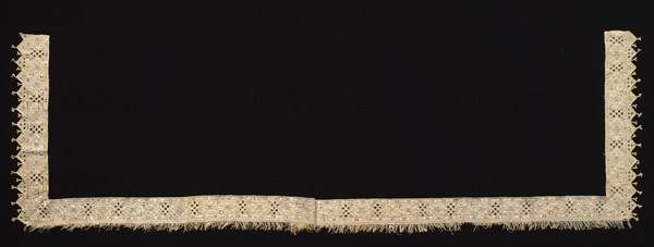 Needlepoint (Cutwork) Lace Edging for Sheet, 17th-18th century. Italy, 17th-18th century. Lace, needlepoint: linen; embroidered in silk, silk fringe; overall: 66.5 x 231.7 cm (26 3/16 x 91 1/4 in.)