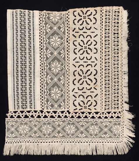 Corner Fragment with a Variety of Patterns, 19th century. Italy, 19th century. Needle lace, machine-made burato (twined ground and darned in two directions), cutwork, drawnwork, and applied fringe; bleached linen (est.); overall: 79.8 x 71.4 cm (31 7/16 x 28 1/8 in.)