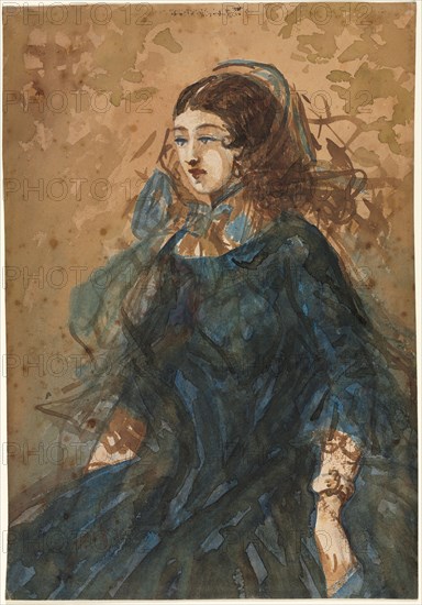 Woman in a Blue Dress (recto), 1855-1860. Constantin Guys (French, 1805-1892). Brush and brown and blue wash, with red and yellow wash, over graphite; sheet: 32.1 x 22.4 cm (12 5/8 x 8 13/16 in.).