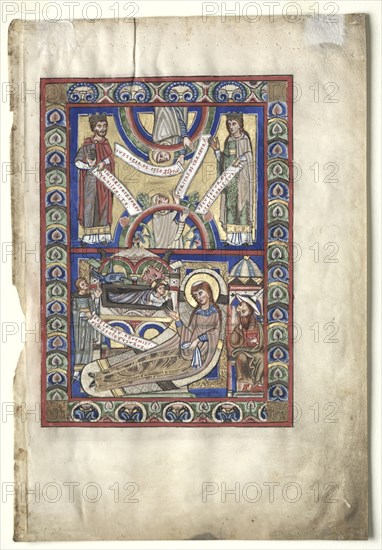 Single Leaf Excised from a Gospel Book: The Nativity, c. 1190. Germany, Helmarshausen Abbey, 12th century. Ink, tempera, silver, and gold on vellum; sheet: 34.6 x 23.4 cm (13 5/8 x 9 3/16 in.); framed: 52.4 x 39.7 cm (20 5/8 x 15 5/8 in.); matted: 48.9 x 36.2 cm (19 1/4 x 14 1/4 in.).
