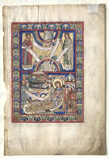 Single Leaf Excised from a Gospel Book: The Nativity (recto) and St. Matthew (verso), c. 1190. Germany, Helmarshausen Abbey, 12th century. Ink, tempera, silver, and gold on vellum; sheet: 34.6 x 23.4 cm (13 5/8 x 9 3/16 in.); framed: 52.4 x 39.7 cm (20 5/8 x 15 5/8 in.); matted: 48.9 x 36.2 cm (19 1/4 x 14 1/4 in.).