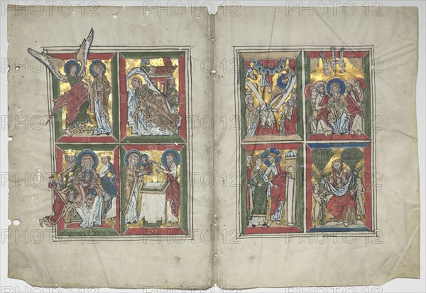 Bifolia with Scenes from the Life of Christ, 1230-1240. Germany, Lower Saxony (Diocese of Hildesheim), Braunschweig(?), 13th century. Tempera, and gold on vellum; sheet: 30.7 x 31 cm (12 1/16 x 12 3/16 in.); framed: 48.3 x 63.5 cm (19 x 25 in.); overall: 30.7 x 45.2 cm (12 1/16 x 17 13/16 in.); matted: 40.6 x 55.9 cm (16 x 22 in.).