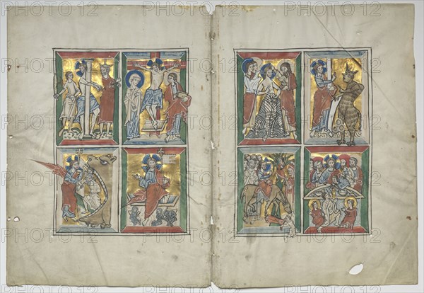 Bifolio with Scenes from the Life of Christ, 1230-1240. Germany, Lower Saxony (Diocese of Hildesheim), Braunschweig(?), 13th century. Tempera, and gold on vellum; sheet: 31 x 22.5 cm (12 3/16 x 8 7/8 in.); framed: 48.3 x 63.5 cm (19 x 25 in.); overall: 30.7 x 45.2 cm (12 1/16 x 17 13/16 in.); matted: 40.6 x 55.9 cm (16 x 22 in.)