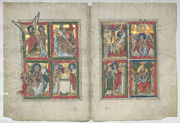 Bifolia with Scenes from the Life of Christ, 1230-1240. Germany, Lower Saxony (Diocese of Hildesheim), Braunschweig(?), 13th century. Tempera, and gold on vellum; framed: 48.3 x 63.5 cm (19 x 25 in.); overall: 30.7 x 45.2 cm (12 1/16 x 17 13/16 in.); matted: 40.6 x 55.9 cm (16 x 22 in.)