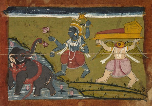 Gajendra Moksha:  The Salvation of the King of the Elephants, 1800s. India, Rajasthan, Kota(?), 19th century. Color on paper; overall: 10.2 x 14 cm (4 x 5 1/2 in.).