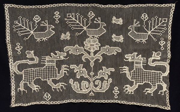 Panel with Lions, Birds, and Floral Motifs, 18th-19th century. Russia, Nizhniy Novgorod, 18th-19th century. Needle lace, filet/lacis (knotted ground and darned in one and two directions); bleached linen (est.); overall: 57.4 x 90.2 cm (22 5/8 x 35 1/2 in.)