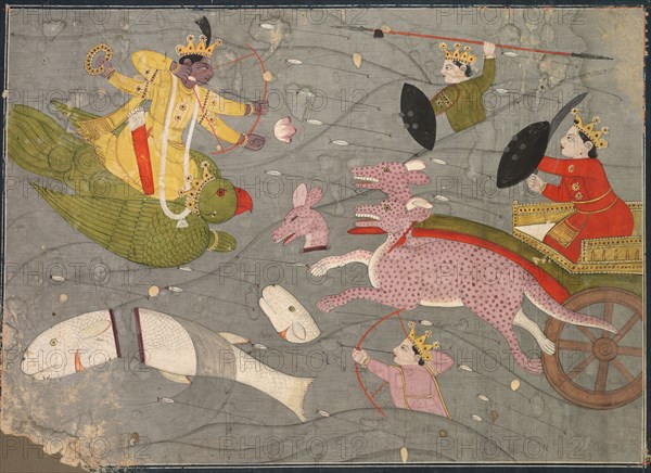 Krishna Fighting Vanasura's Sons: Scene from the Aniruddha Usha Section of Krishna Lila, c. 1840. India, Pahari, possibly Garhwal, 19th century. Color and gold on paper; image: 18.2 x 25.5 cm (7 3/16 x 10 1/16 in.); overall: 19 x 26.5 cm (7 1/2 x 10 7/16 in.).