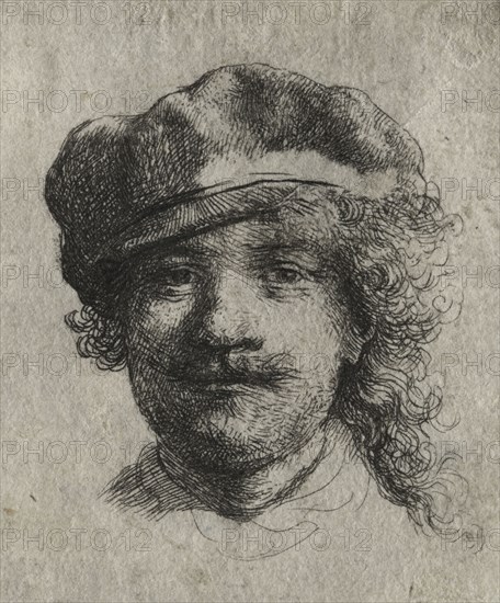 Self-Portrait Wearing a Soft Cap: Full Face, Head Only, c. 1634. Rembrandt van Rijn (Dutch, 1606-1669). Etching; sheet: 5.3 x 4.7 cm (2 1/16 x 1 7/8 in.); platemark: 5 x 4.4 cm (1 15/16 x 1 3/4 in.)