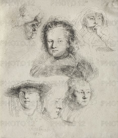 Studies of the Head of Saskia and Others, 1636. Rembrandt van Rijn (Dutch, 1606-1669). Etching; sheet: 15.3 x 12.9 cm (6 x 5 1/16 in.)
