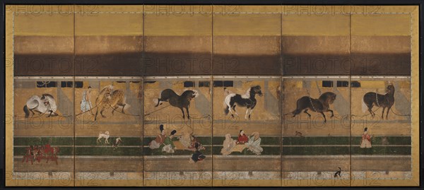 Horses and Grooms in the Stable, early 1500s. Tosa School (Japanese). Six-panel folding screen; ink, color, and gold on paper; image: 146.1 x 346.6 cm (57 1/2 x 136 7/16 in.); overall: 163.3 x 363 cm (64 5/16 x 142 15/16 in.); closed: 163.8 x 62.3 x 11.5 cm (64 1/2 x 24 1/2 x 4 1/2 in.); panel: 160.3 x 60.5 cm (63 1/8 x 23 13/16 in.); with frame: 163.3 x 366 cm (64 5/16 x 144 1/8 in.).