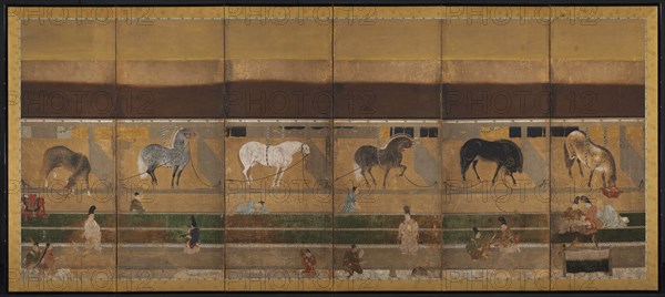 Horses and Grooms in the Stable, early 1500s. Tosa School (Japanese). Six-panel folding screen; ink, color, and gold on paper; image: 146.1 x 346.8 cm (57 1/2 x 136 9/16 in.); overall: 160.3 x 363 cm (63 1/8 x 142 15/16 in.); closed: 163.8 x 62.3 x 11.5 cm (64 1/2 x 24 1/2 x 4 1/2 in.); panel: 160.3 x 60.5 cm (63 1/8 x 23 13/16 in.); with frame: 163.3 x 366 cm (64 5/16 x 144 1/8 in.).
