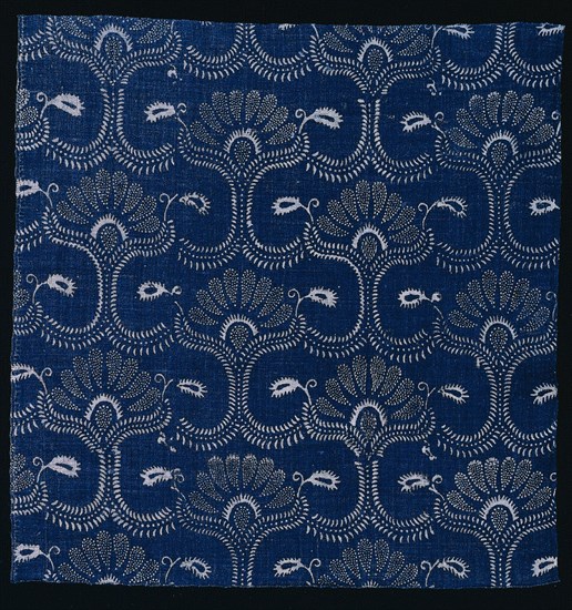 Blue Indigo Resist Print with Stylized Leaf Design, 1790. France, Alsace, Sain-Bel, late 18th century. Wax-resist print, design printed by means of woodblock; overall: 53.3 x 52.1 cm (21 x 20 1/2 in.)