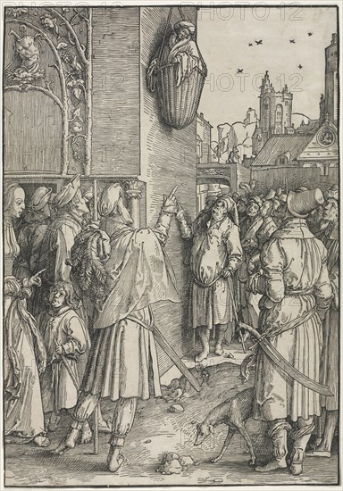 The Power of Women: The Poet Virgil Suspended in a Basket, c. 1512. Lucas van Leyden (Dutch, 1494-1533). Woodcut