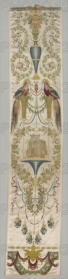 Wall Covering, "The Pheasants" from the "Vatican Verdures" Series, after 1799. Jean-Démosthène Dugourc (French, 1749-1825), Camille Pernon & Cie (French). Lampas (satin weave and plain weave variant), brocaded, embroidered (chain, satin stitches); silk; overall: 237 x 45.7 cm (93 5/16 x 18 in.)