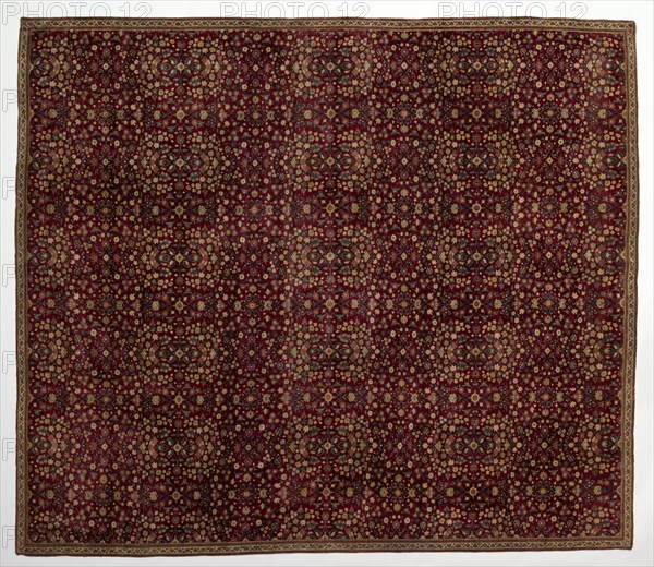 Woolen carpet with millefleurs decoration, early 1600s. India, Mughal, Kashmir, 17th century. Asymmetrical knot: pashmina (wool); average: 292.7 x 248.9 cm (115 1/4 x 98 in.)